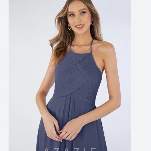 Azazie Ginger high neck pleated dress in color Stormy size 4 - Picture 2 of 11